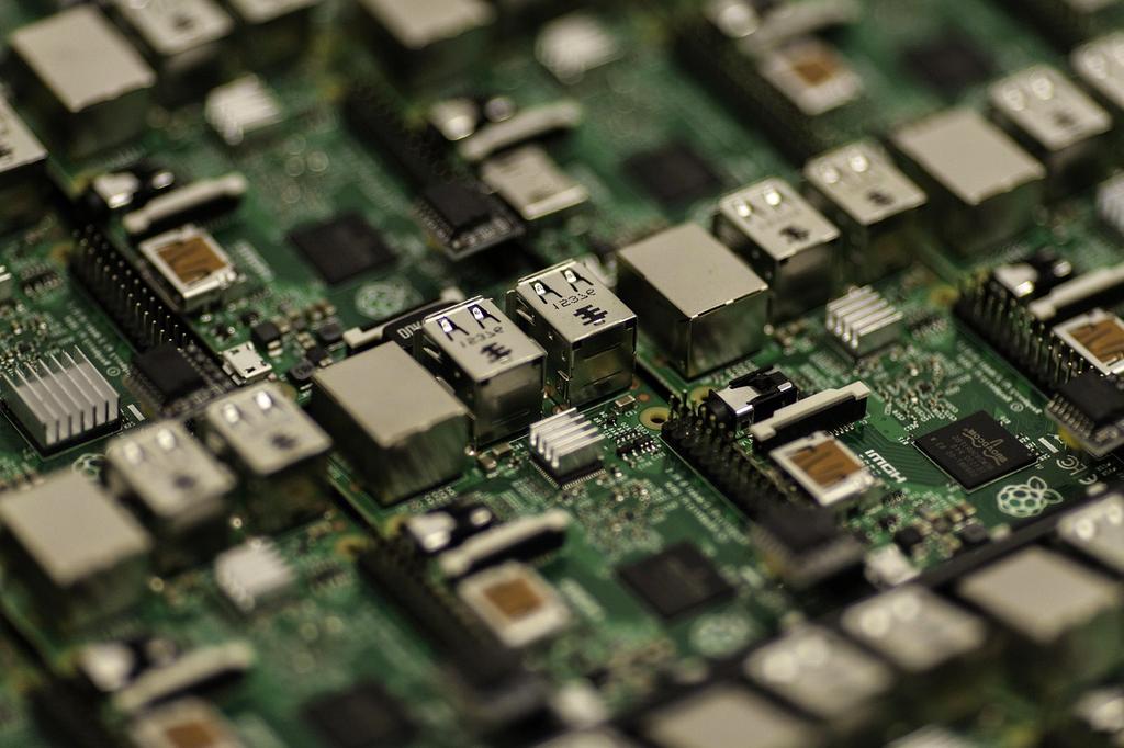 Detailed view of a computer motherboard with chipset and slots